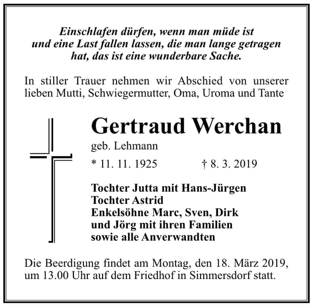 Traueranzeige Gertraud Werchan, geb. Lehmann