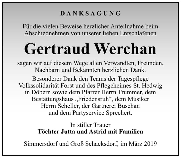 Traueranzeige Gertraud Werchan