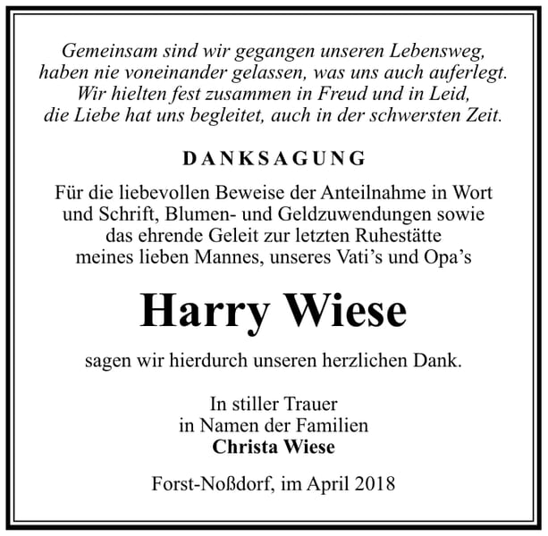 Danksagung Harry Wiese