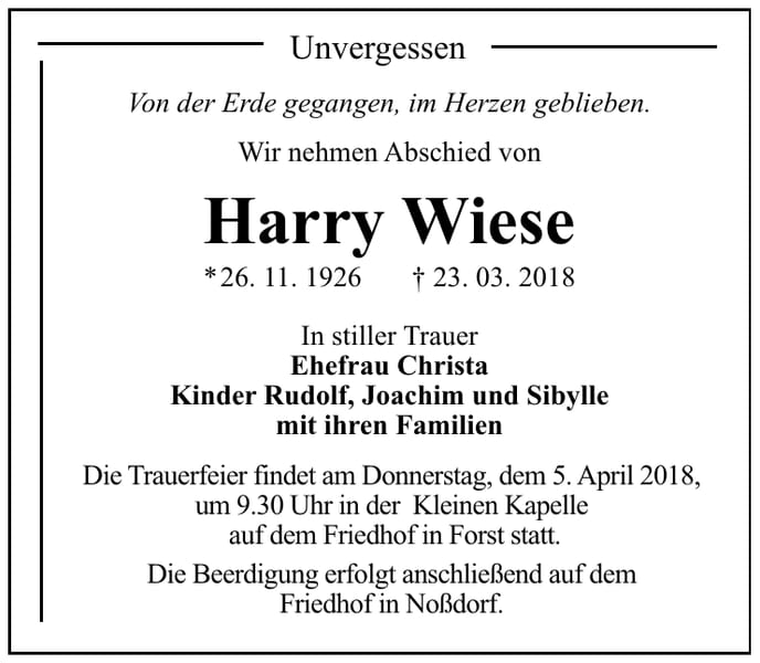 Traueranzeige Harry Wiese
