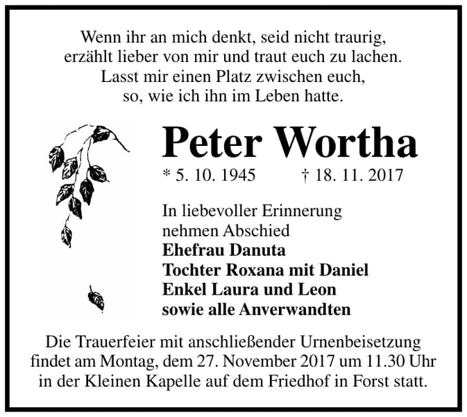 Traueranzeige Peter Wortha