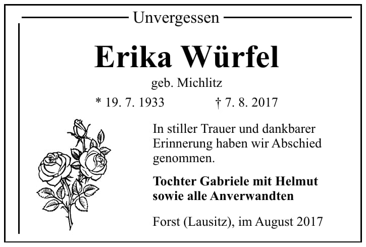 Traueranzeige Erika Würfel, geb. Michlitz