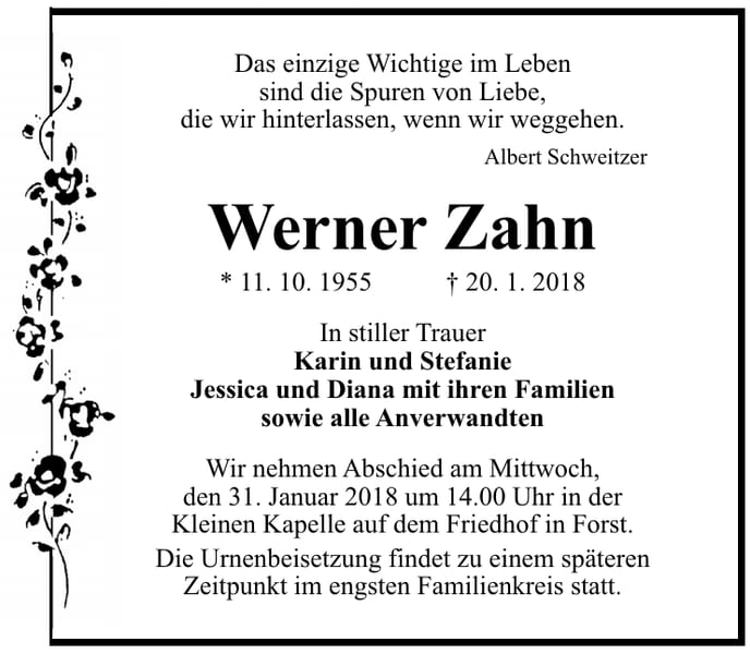 Traueranzeige Werner Zahn