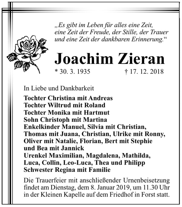 Traueranzeige Joachim Zieran