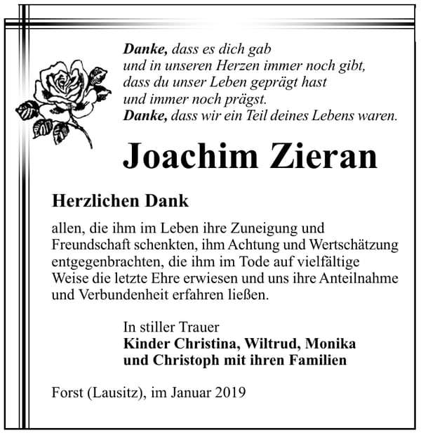 Traueranzeige Joachim Zieran