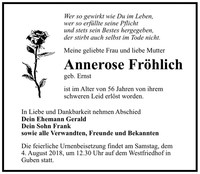 Traueranzeige Annerose Fröhlich, geb. Ernst