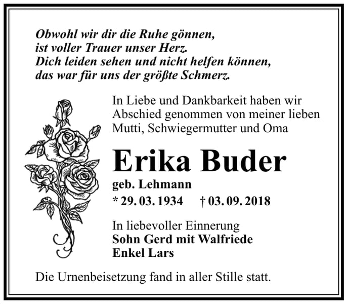 Traueranzeige Erika Buder, geb. Lehmann