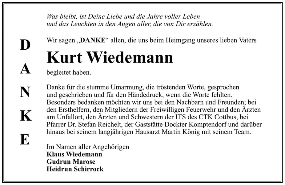 Danksagung Kurt Wiedemann