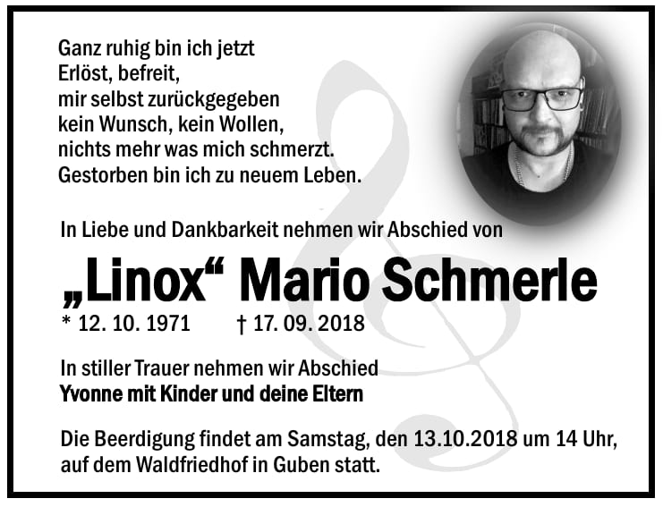 Traueranzeige „Linox“ Mario Schmerle