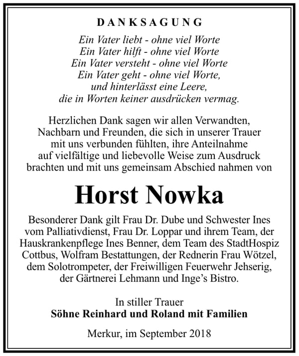 Danksagung Horst Nowka