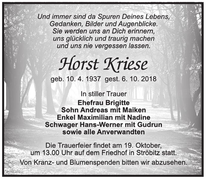 Traueranzeige Horst Kriese