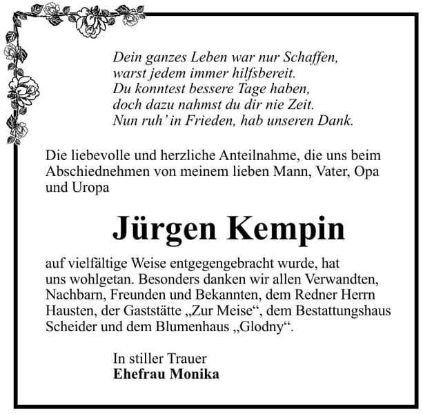 Danksagung Jürgen Kempin