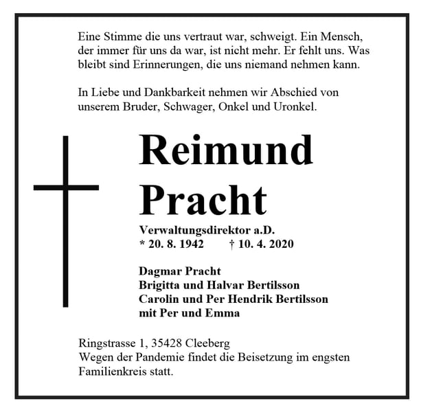 Traueranzeige Verwaltungsdirektor a.D. Reimund Pracht