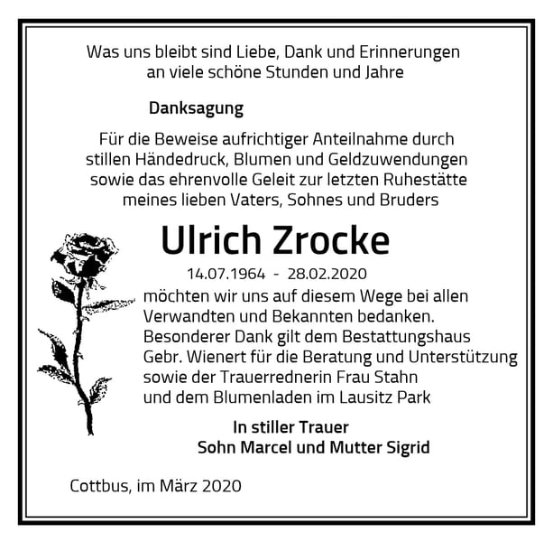Traueranzeige Ulrich Zrocke