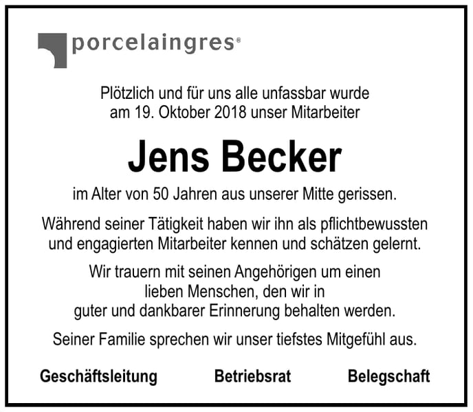 Nachruf Jens Becker