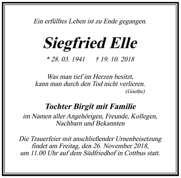 Traueranzeige Siegfried Elle
