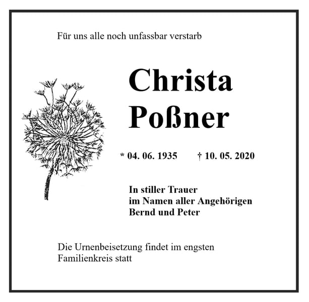 Traueranzeige Christa Poßner