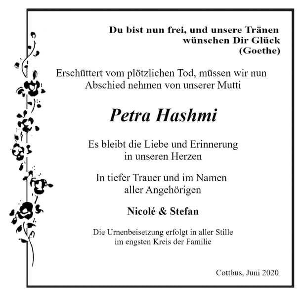 Traueranzeige Petra Hashmi
