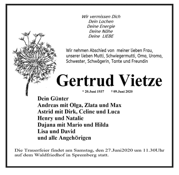 Traueranzeige Gertrud Vietze