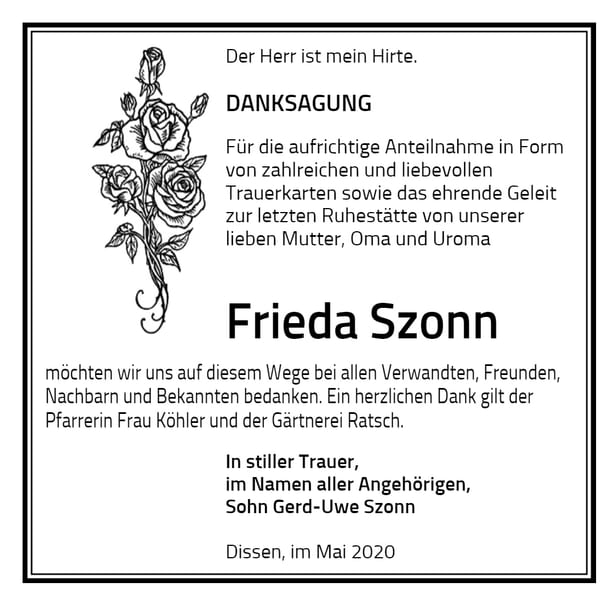 Traueranzeige Frieda Szonn
