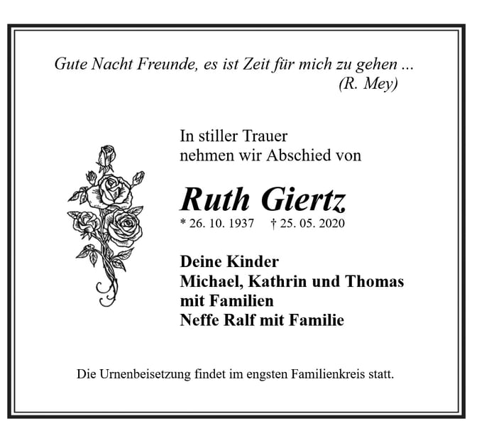Traueranzeige Ruth Giertz