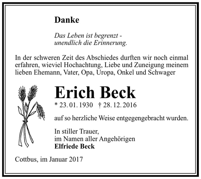 Danksagung Erich Beck