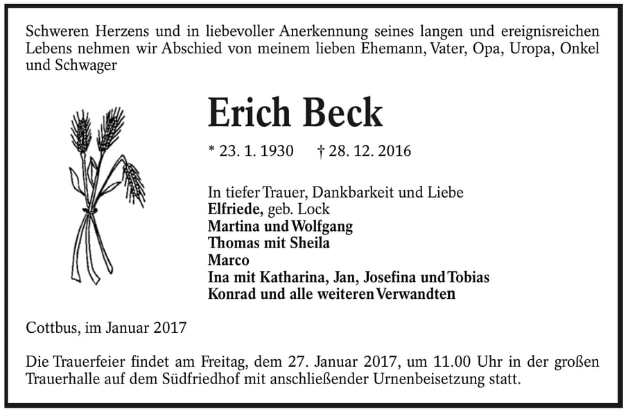 Traueranzeige Erich Beck, geb. Lock