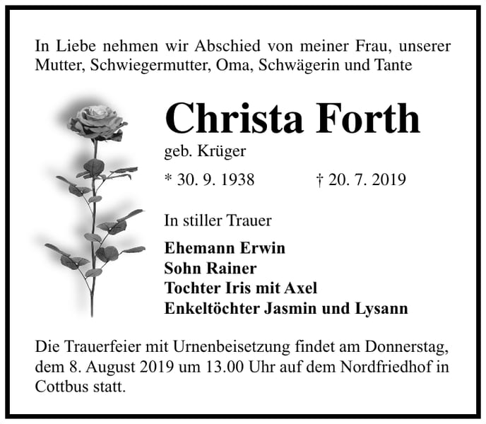 Traueranzeige Christa Forth, geb. Krüger