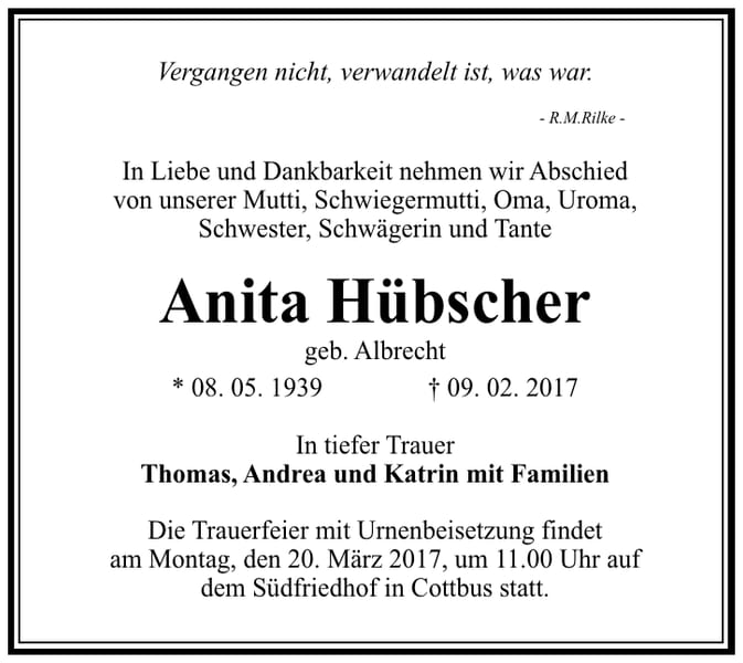 Traueranzeige Anita Hübscher, geb. Albrecht