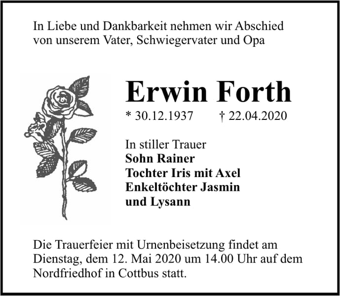 Traueranzeige Erwin Forth