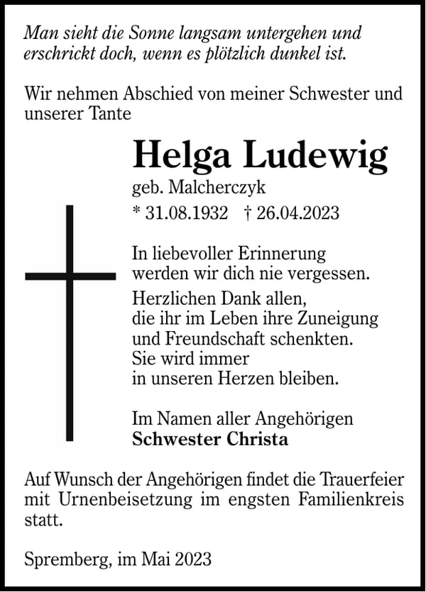 Traueranzeige Helga Ludewig, geb. Malcherczyk