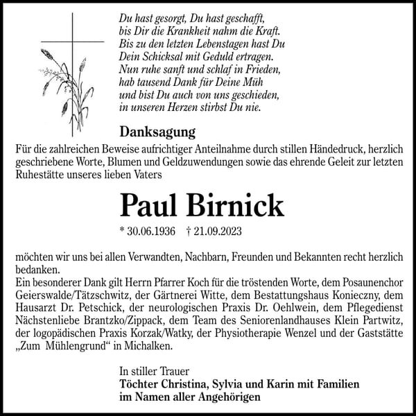 Danksagung Paul Birnick