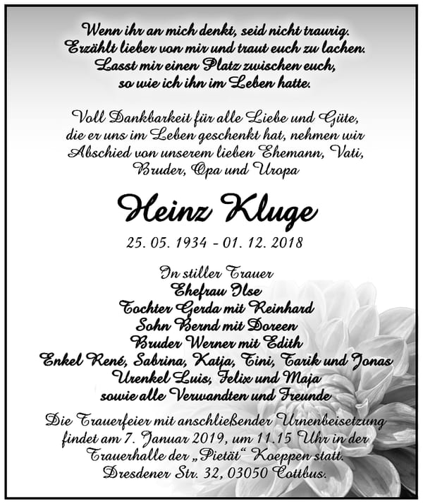Traueranzeige Heinz Kluge