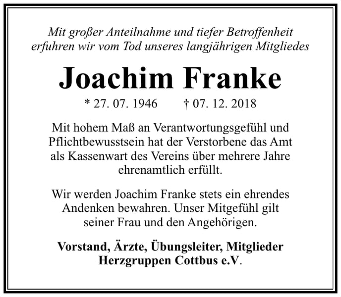 Traueranzeige Joachim Franke