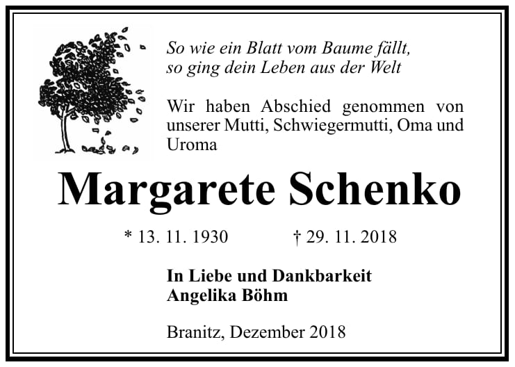Traueranzeige Margarete Schenko