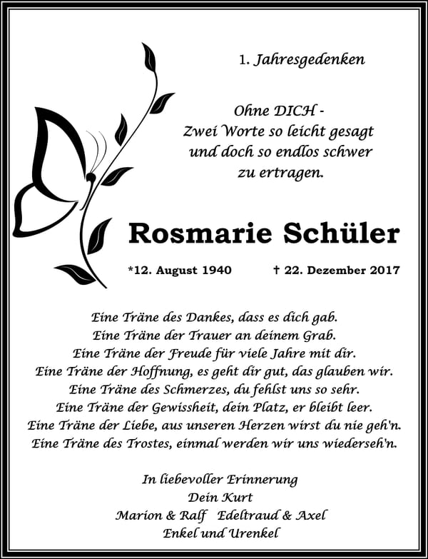 Jahresgedenken Rosmarie Schüler
