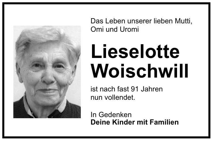 Traueranzeige Lieselotte Woischwill
