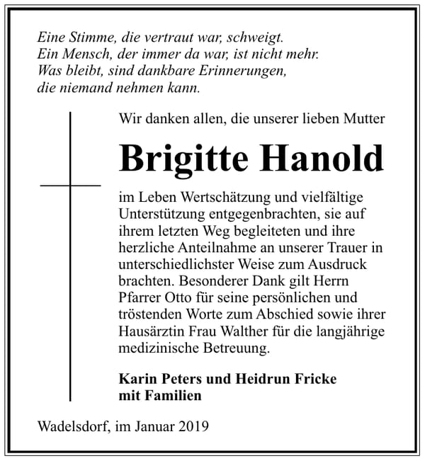 Traueranzeige Brigitte Hanold