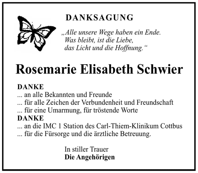 Traueranzeige Rosemarie Elisabeth Schwier