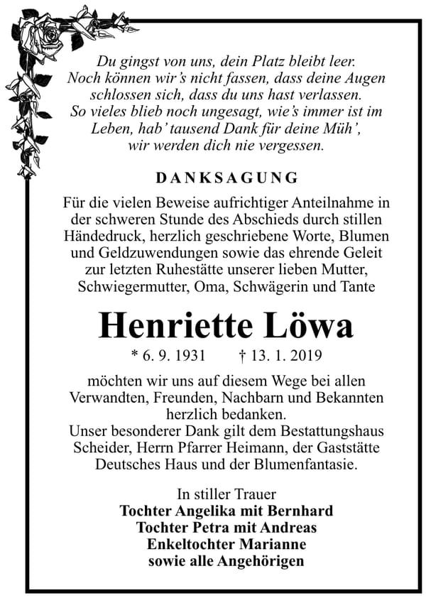 Traueranzeige Henriette Löwa