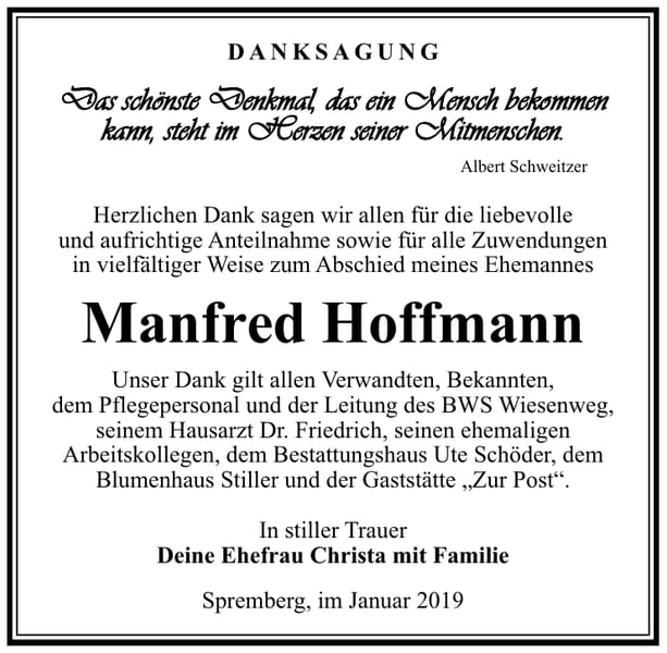 Traueranzeige Manfred Hoffmann