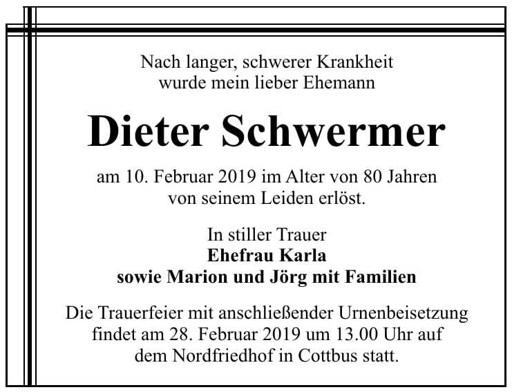 Traueranzeige Dieter Schwermer