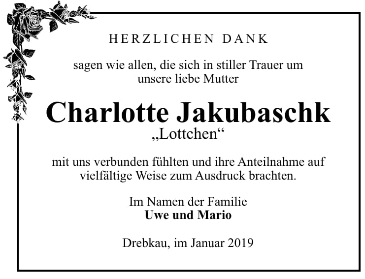 Traueranzeige Charlotte Jakubaschk