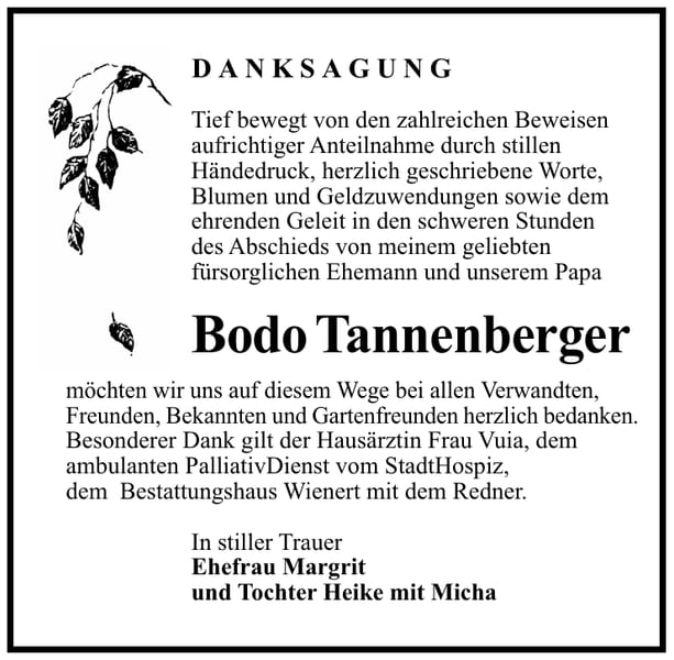 Traueranzeige Bodo Tannenberger