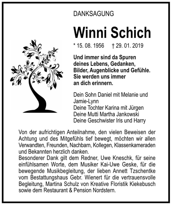 Traueranzeige Winni Schich