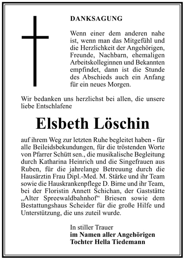 Traueranzeige Elsbeth Löschin