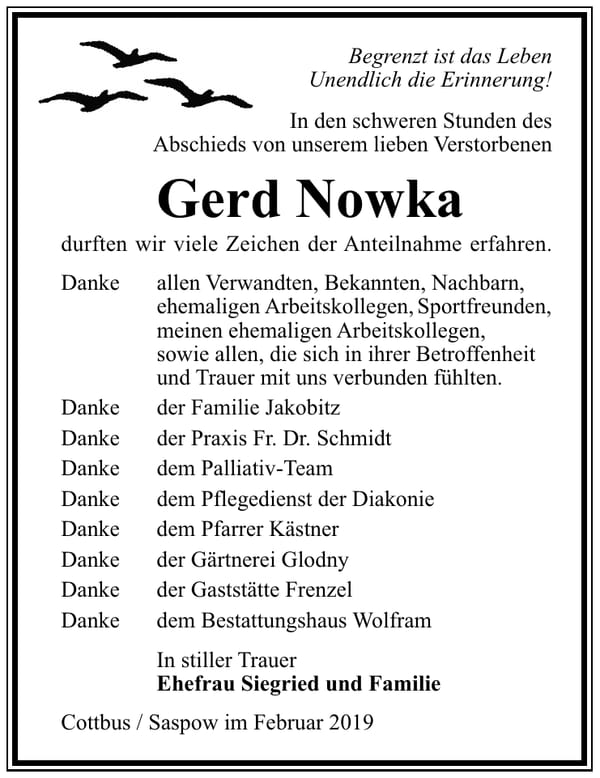 Traueranzeige Gerd Nowka