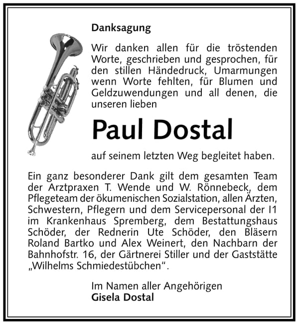 Traueranzeige Paul Dostal