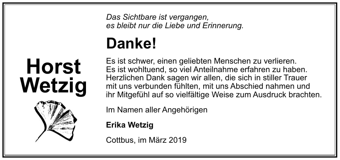 Traueranzeige Horst Wetzig