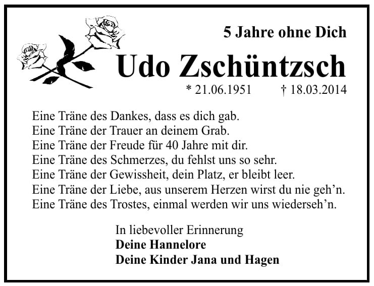 Traueranzeige Udo Zschüntzsch